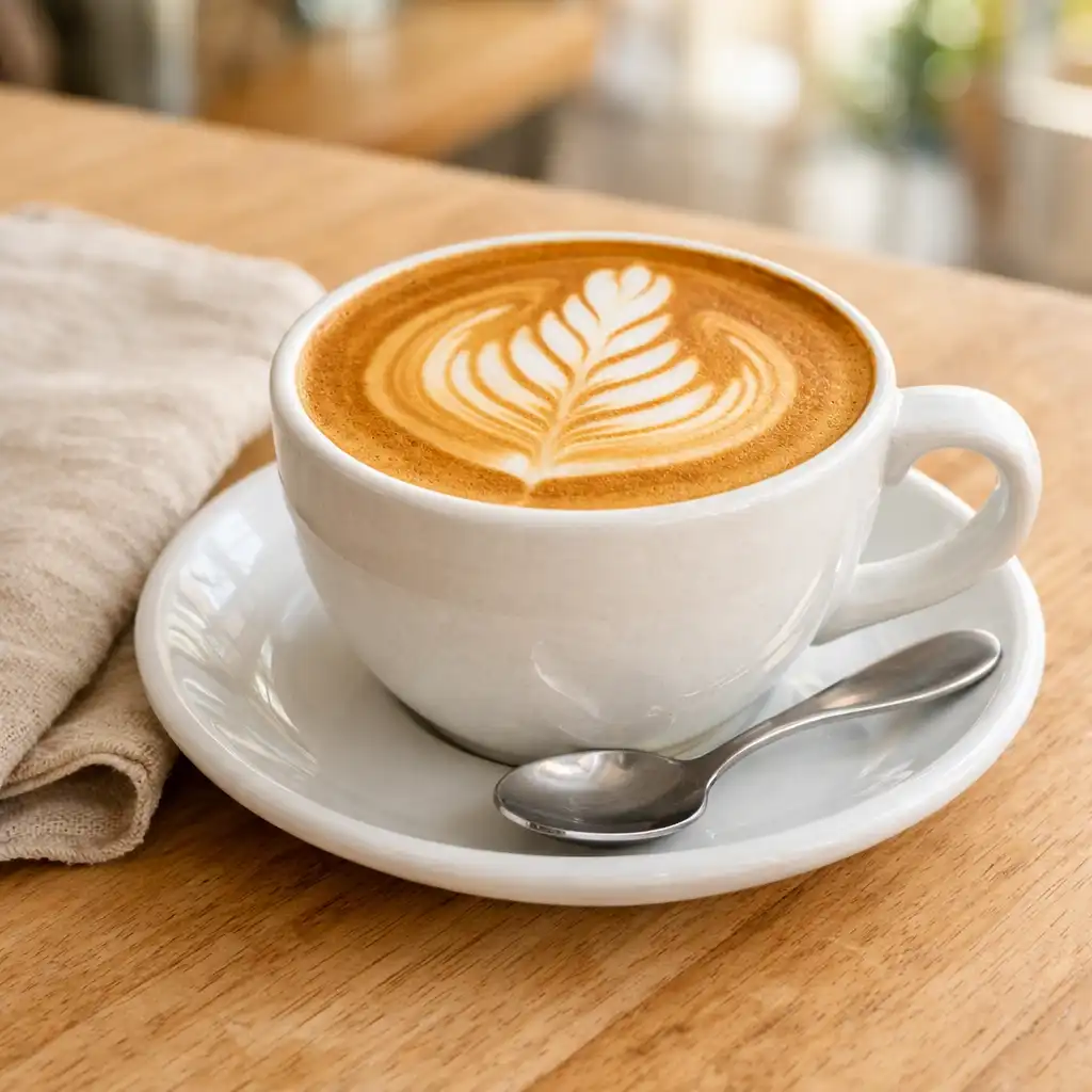Flat white coffee in a ceramic cup with latte art