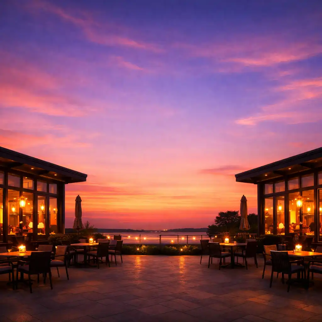 Sunset over the restaurant pavilion with warm glowing windows