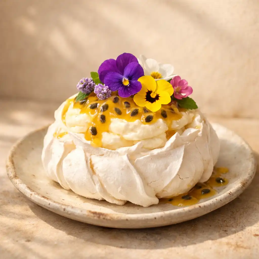 Pavlova dessert with passionfruit and edible flowers