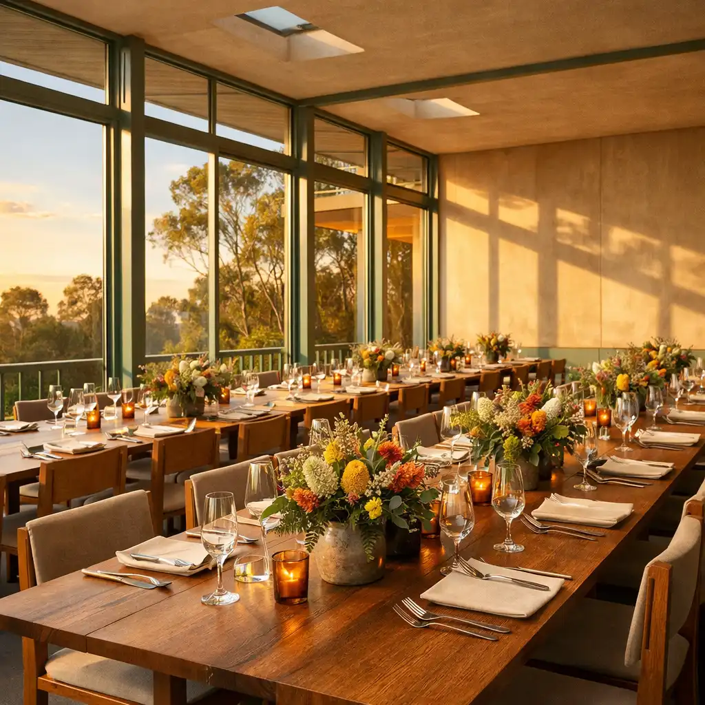 Sunlit modernist pavilion dining room with long wooden tables set for a group dinner