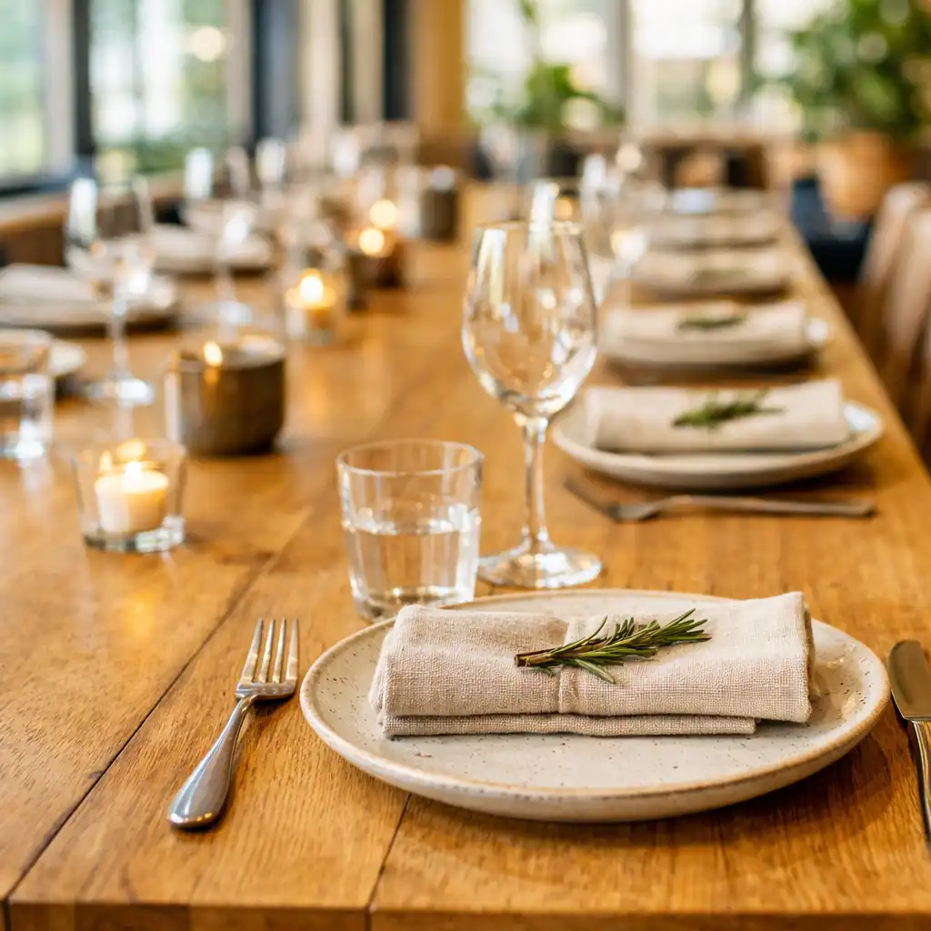 Long communal dining table set with ceramic plates, linen napkins, and glassware in a bright room
