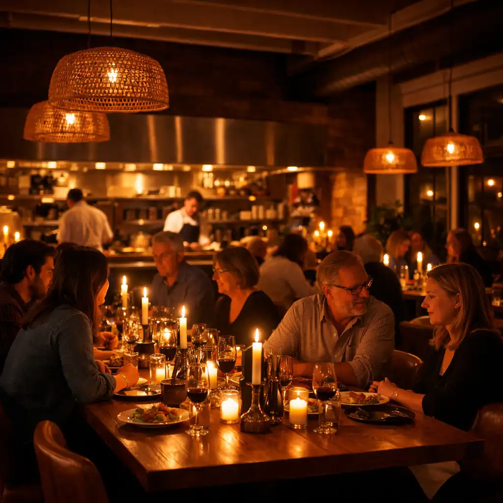 Dining room in the evening with warm lighting, candles on long tables, and guests enjoying dinner