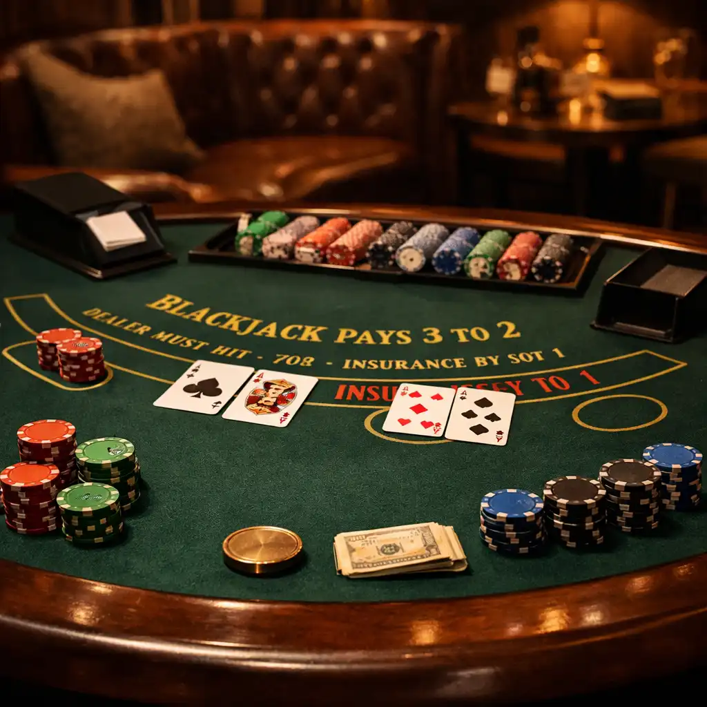 Blackjack table setup with cards and chips in a stylish lounge setting