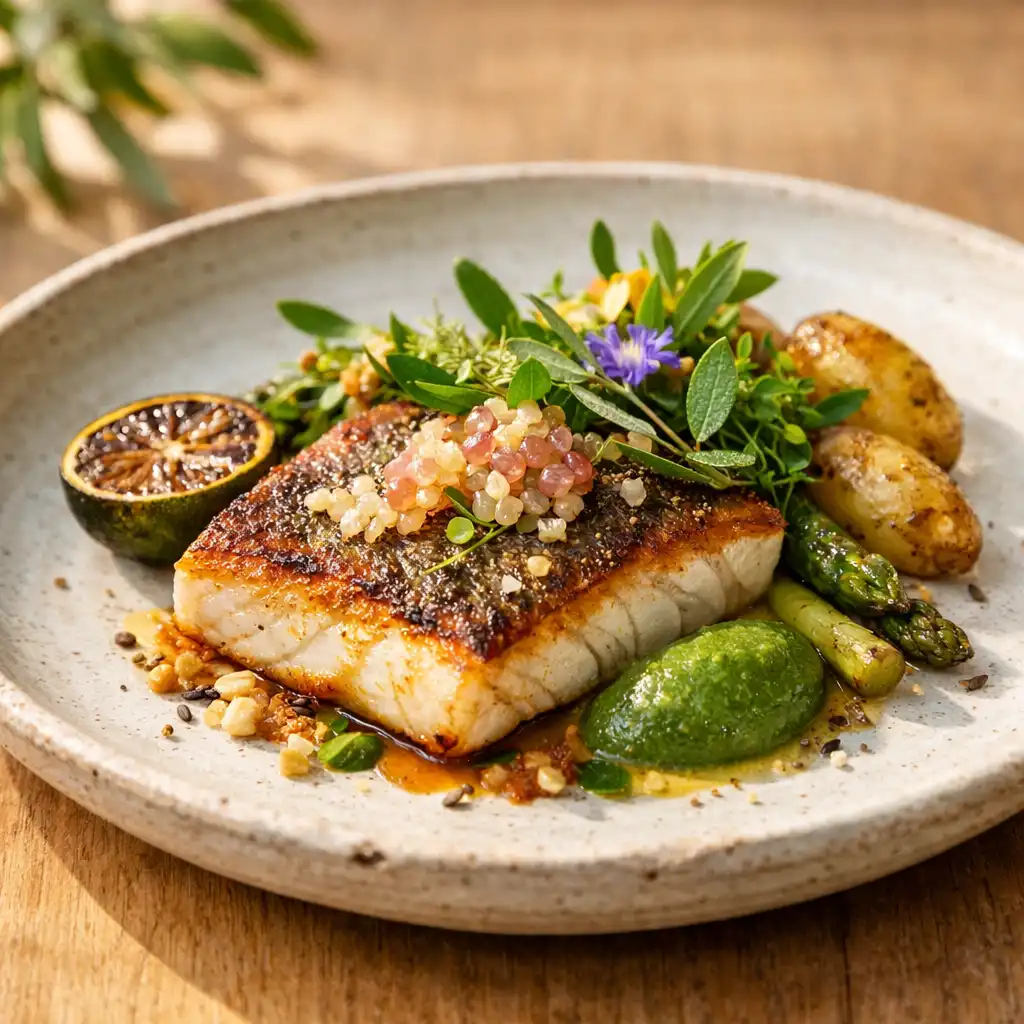 Plated Australian dish with native ingredients on a handmade ceramic plate