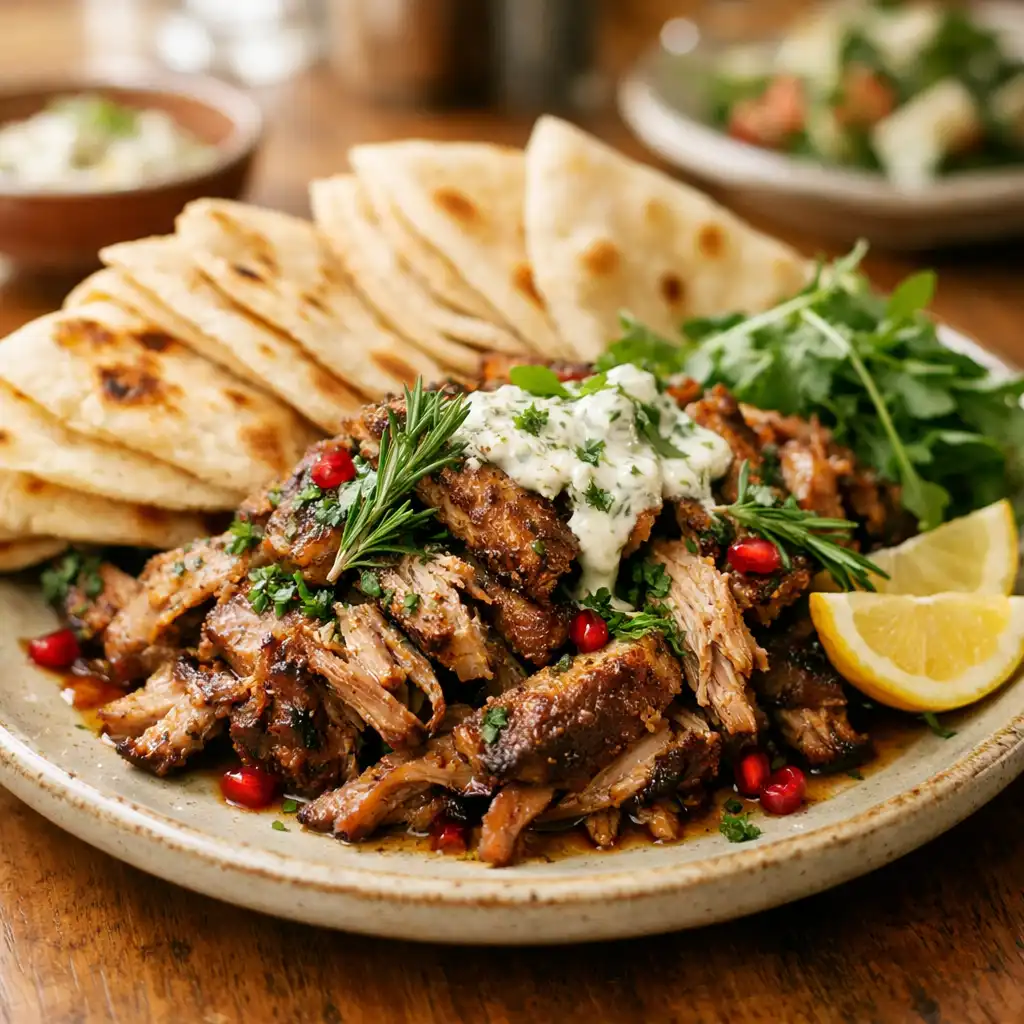 Plated shared dish with roasted lamb shoulder and flatbreads