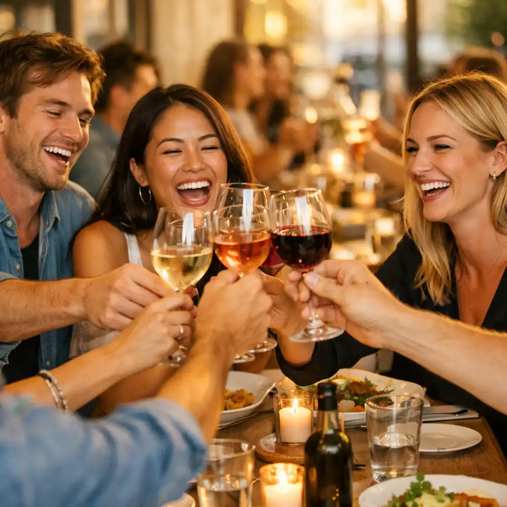Group of friends toasting with wine glasses at a long table