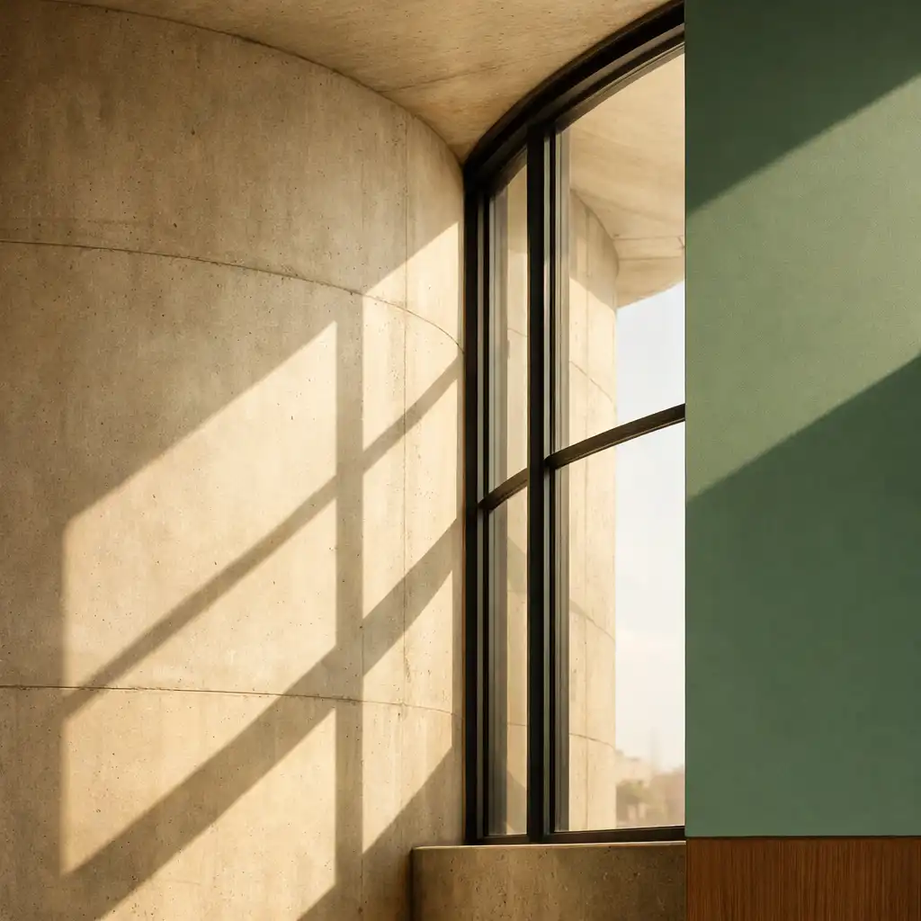 Curved concrete wall with a large window and eucalyptus green accent panel
