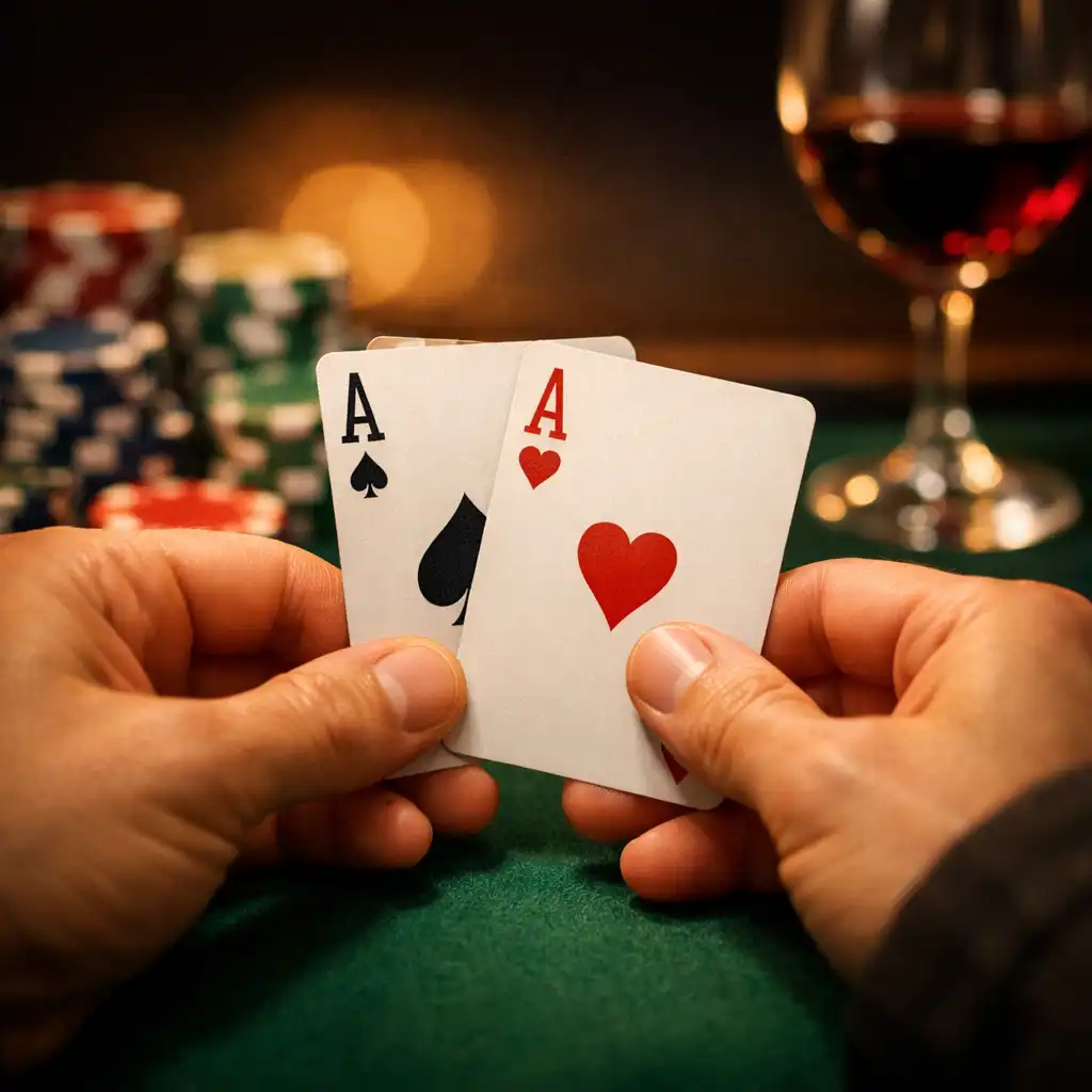 Hands holding playing cards at a poker table with chips and a glass of wine