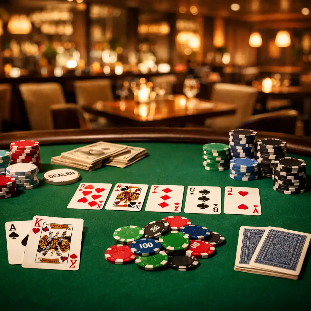 Stylish poker table with green felt, cards, and chips