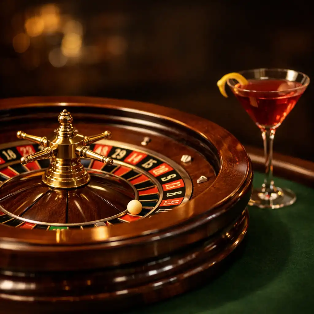 Roulette wheel on a table with a cocktail glass beside it