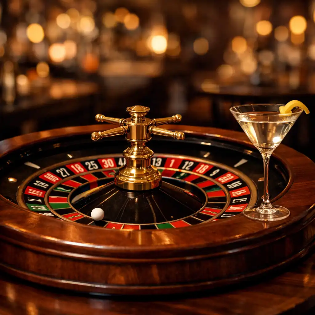 Roulette wheel on a wooden table with a cocktail glass