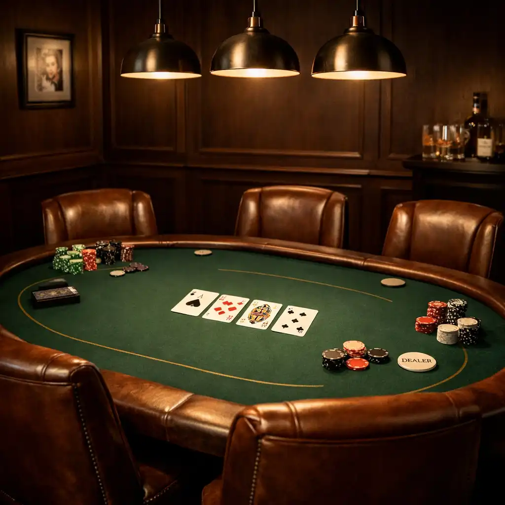 Discreet game lounge with a poker table covered in deep green felt and leather chairs
