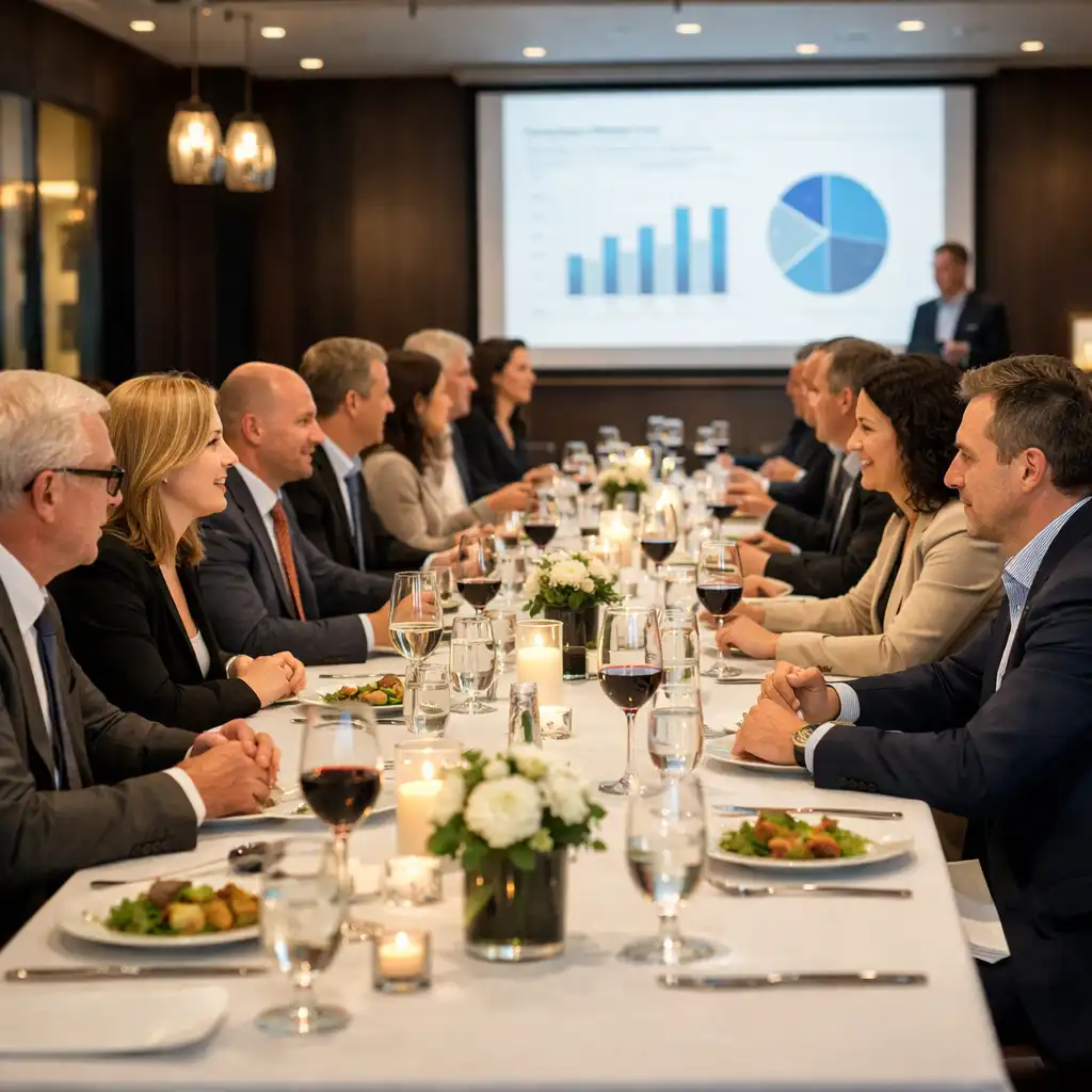 Business professionals seated at a long table during a corporate dinner event