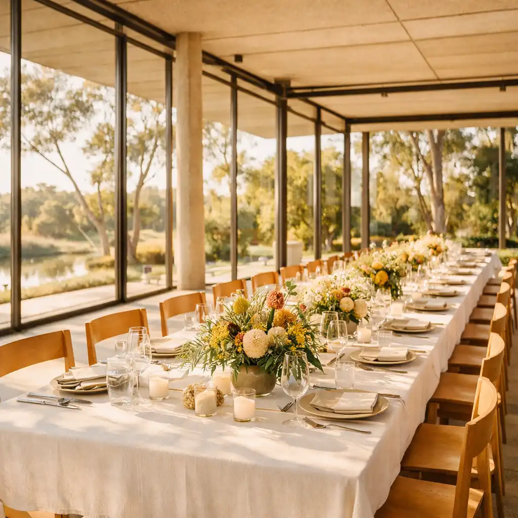 A long communal table set for a gathering in a sunlit modernist pavilion