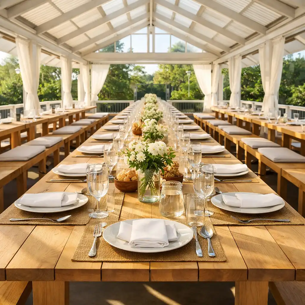 A long communal table set for a large group in a bright restaurant pavilion