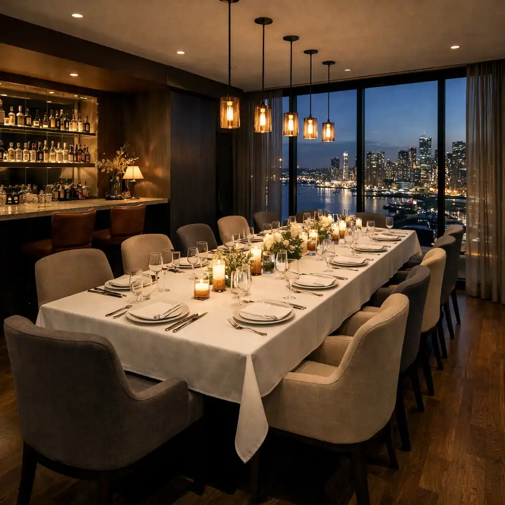 A private dining room with a table set for 12 guests and floor-to-ceiling windows