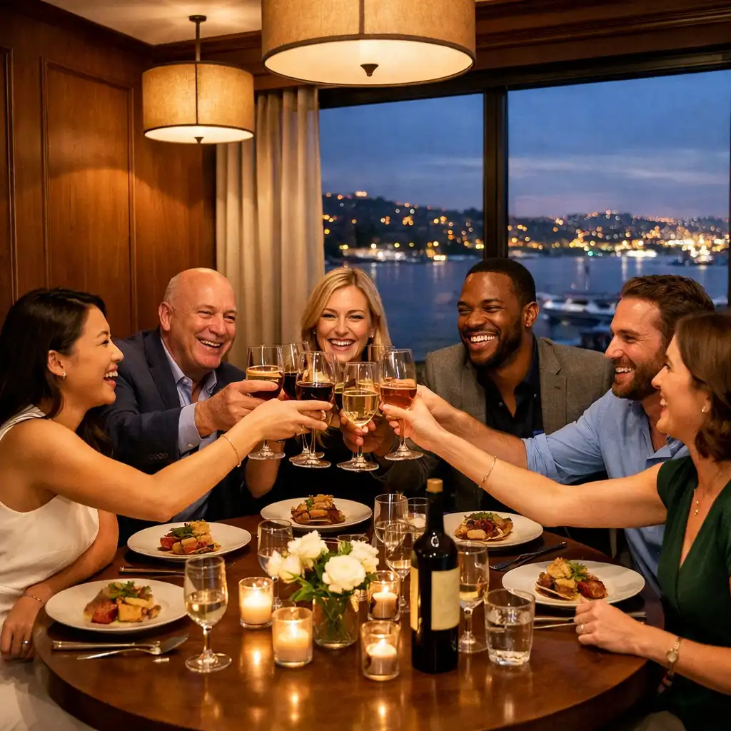 Friends celebrating a private birthday dinner in a warm private dining room