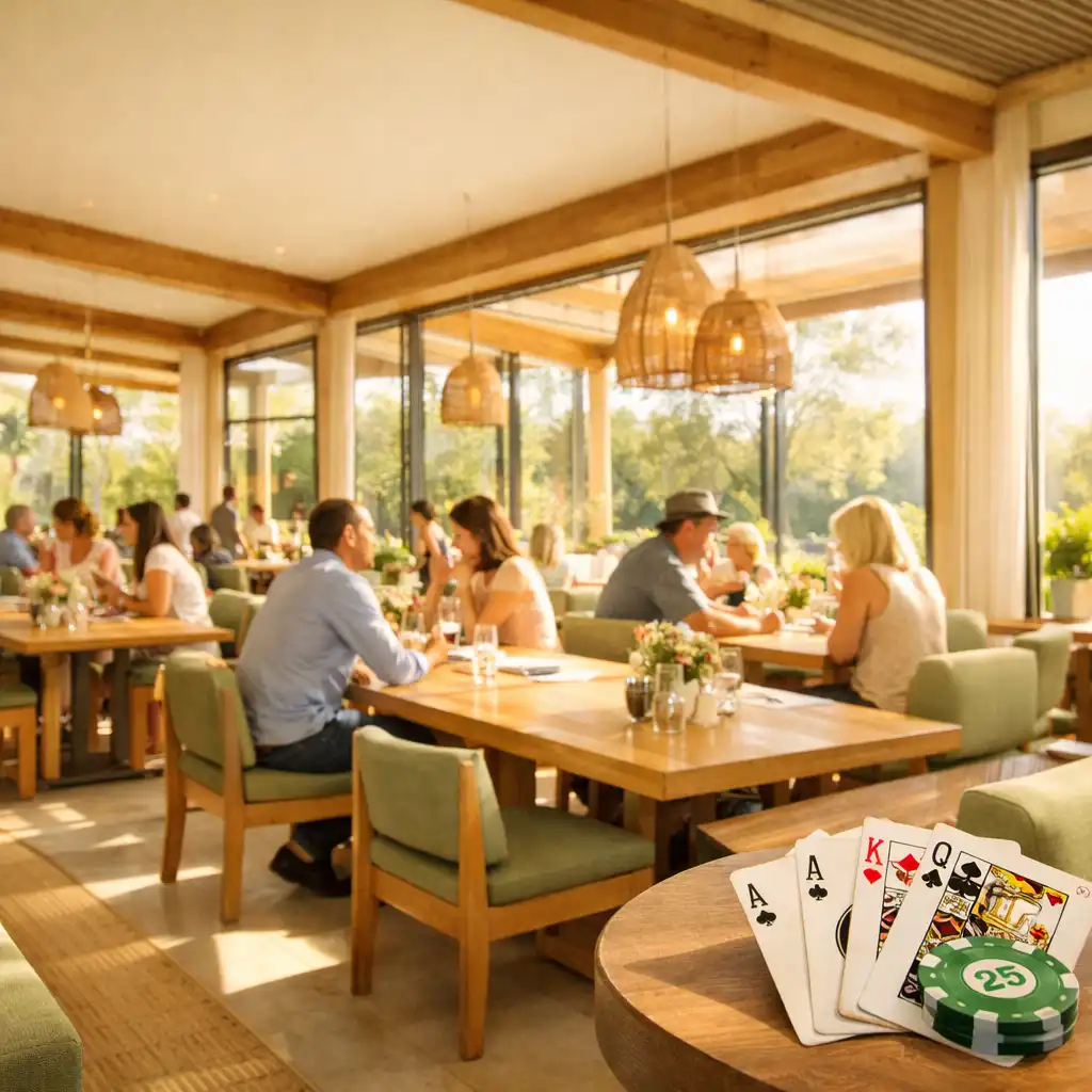 Bright restaurant interior with long communal tables and natural light