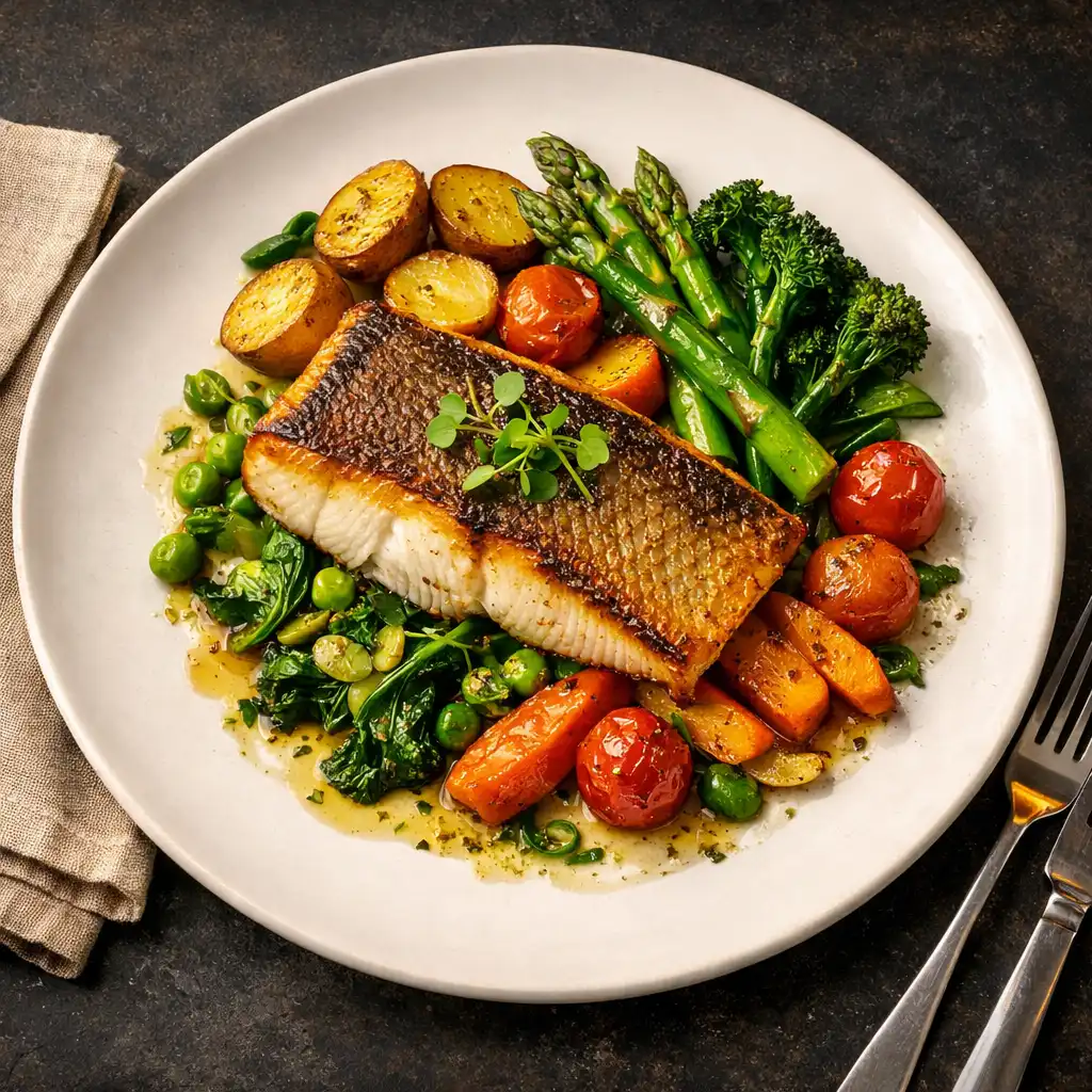 Roasted barramundi main course with seasonal vegetables on a dark slate table