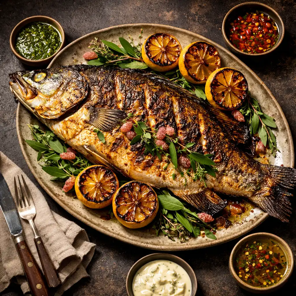 Whole roasted barramundi with charred lemon and native herbs