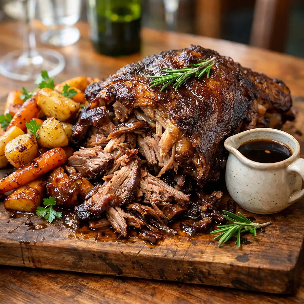 Slow-cooked lamb shoulder with roasted root vegetables and wattleseed jus