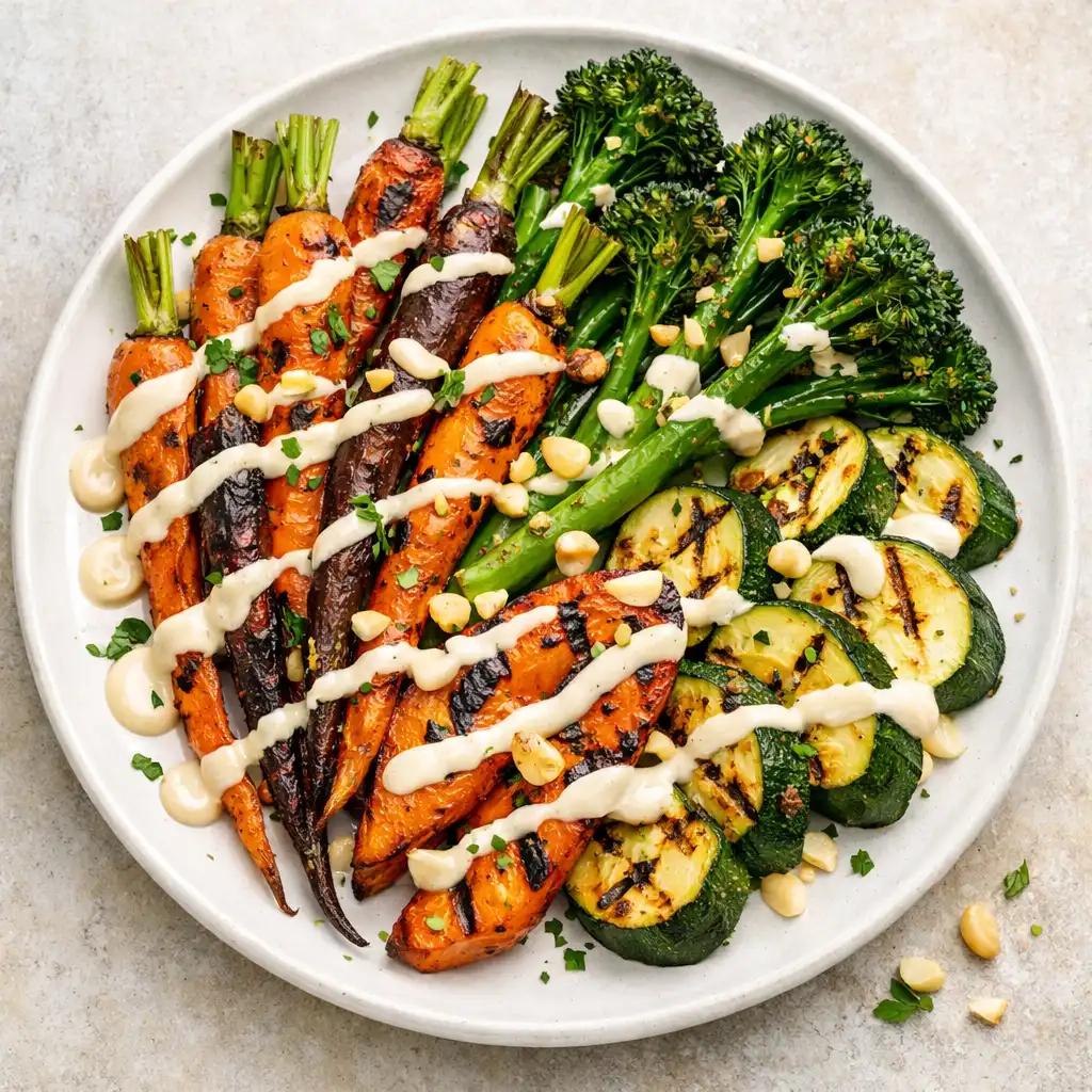 Charred seasonal vegetable platter with macadamia cream and bush tomato relish