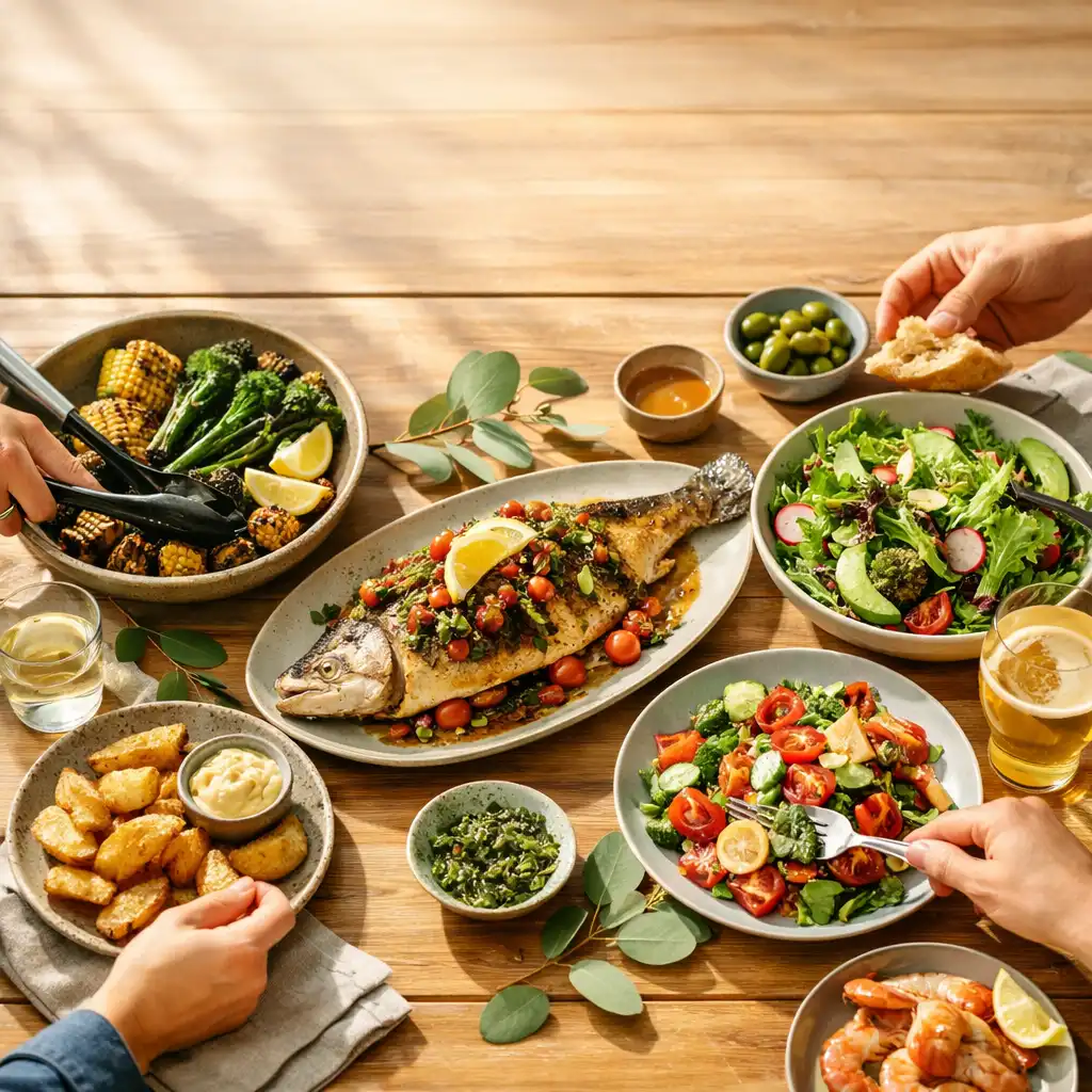 A bright shared table filled with roasted barramundi, charred vegetables, and fresh salads in a sunlit pavilion