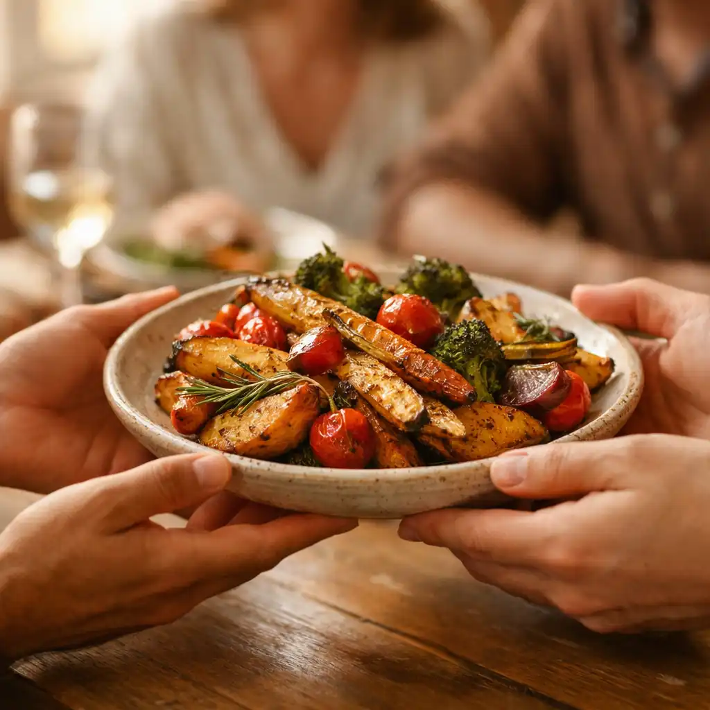 Hands passing a plate of roasted vegetables across a table