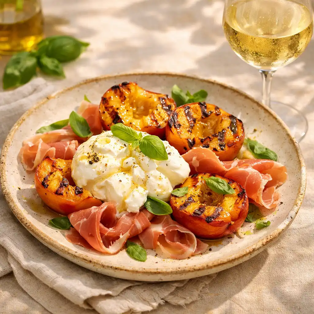 Seasonal dish of grilled peaches with burrata, prosciutto, and basil