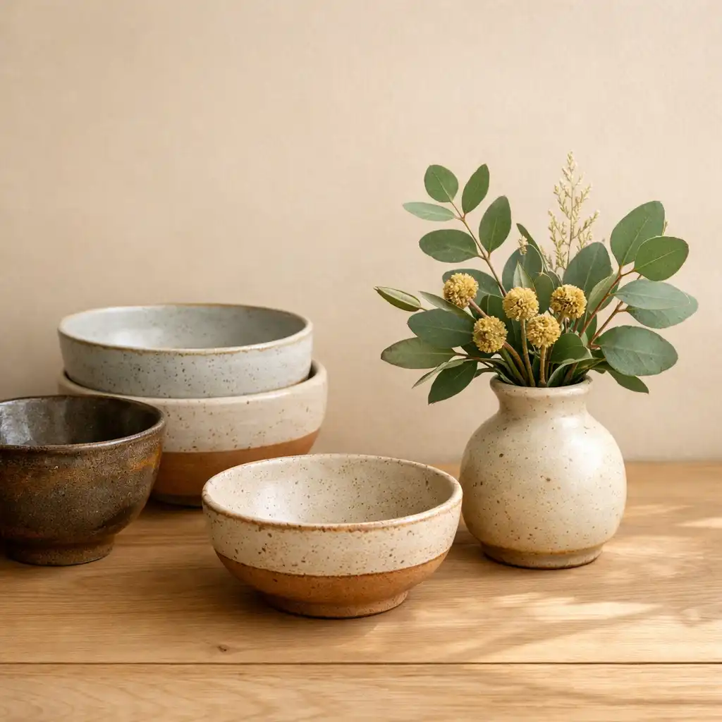 Handmade ceramic bowls and a small vase with native Australian greenery on a light timber table