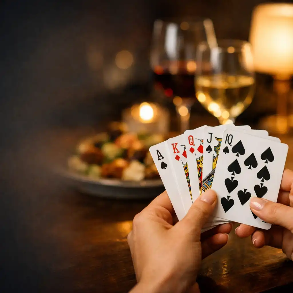 Hands holding playing cards over a beautifully set restaurant table with wine glasses in the background