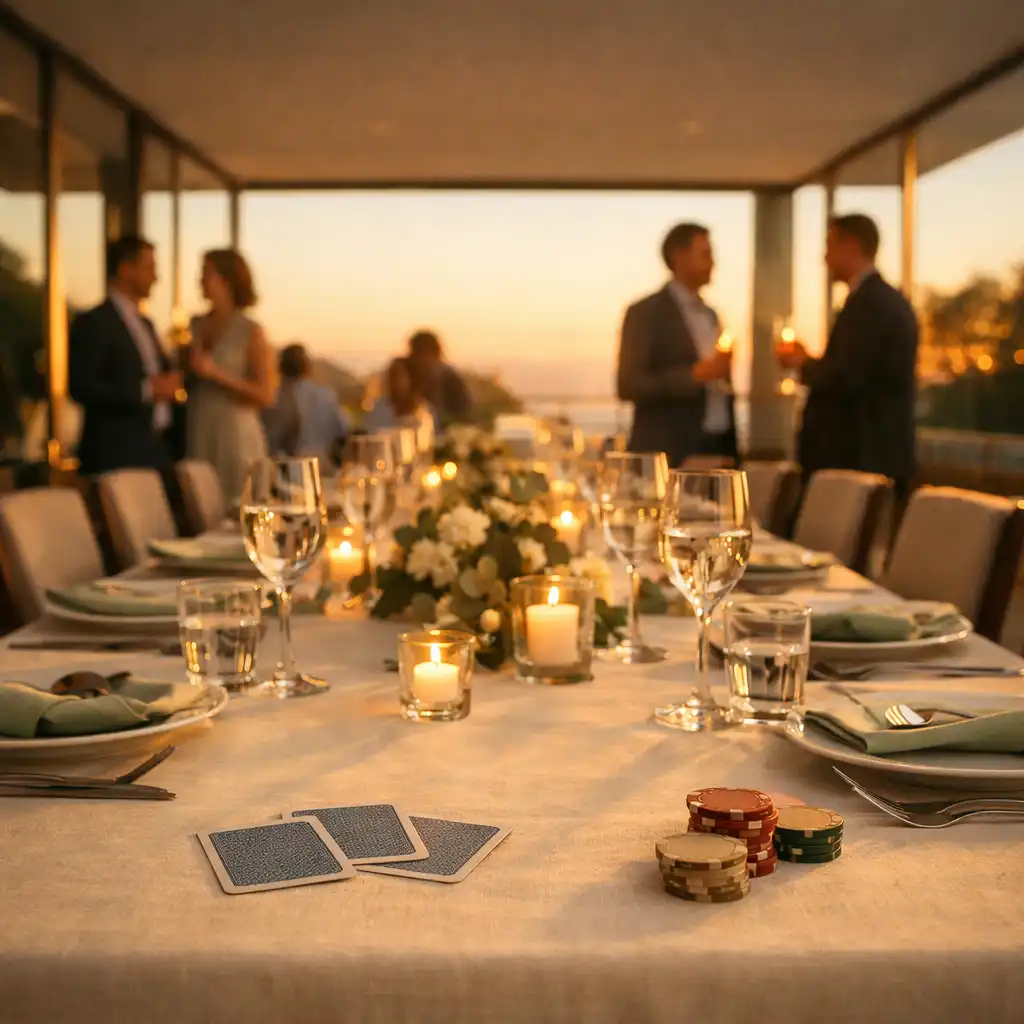 Long dining table set for a poker night in a sunlit modernist pavilion with cards and chips