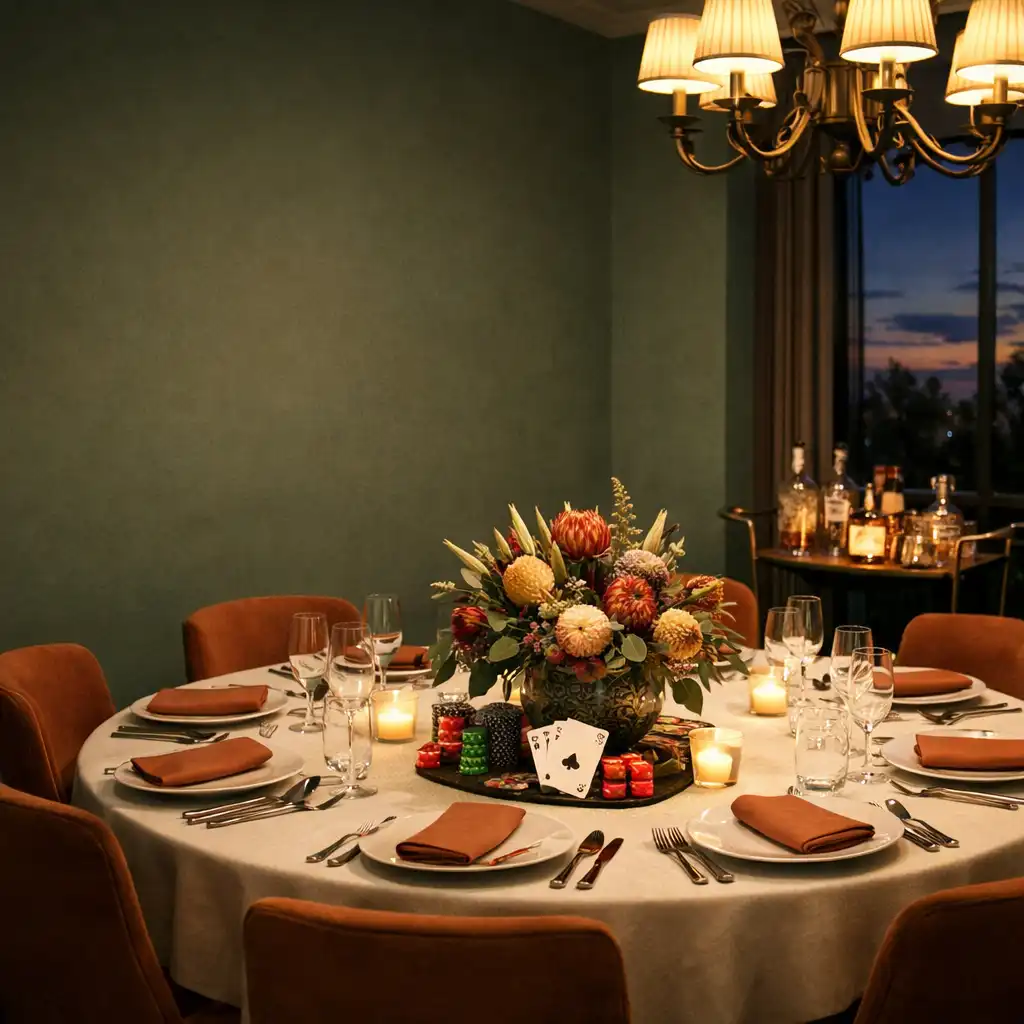 Private dining room set for a poker-themed event with round table, native flowers, and bar cart