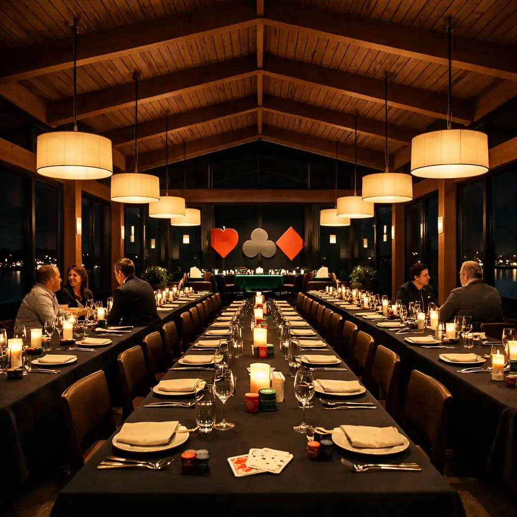 Wide interior view of the restaurant pavilion at night with long tables set for a poker-themed evening