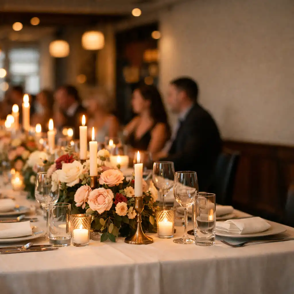 Private event setup with a long table elegantly decorated for a celebration