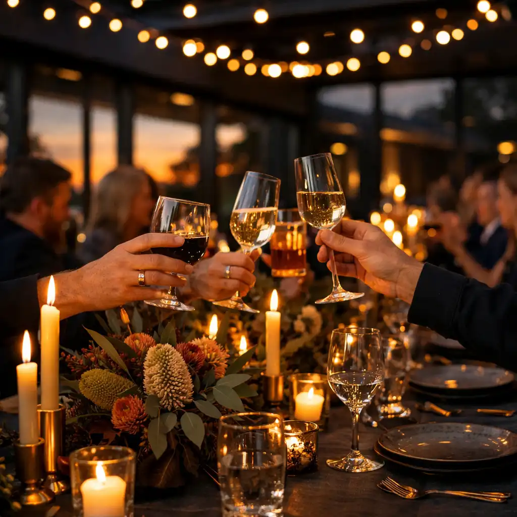 Beautifully set long table at an evening private event with candles, native flowers, and guests raising glasses in a toast