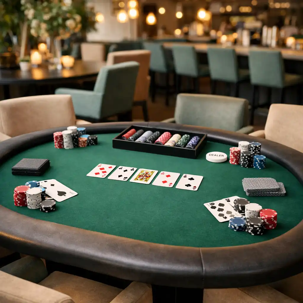 Stylish poker night setup at a restaurant private event with green felt table, chips, and cards in a bright modern space