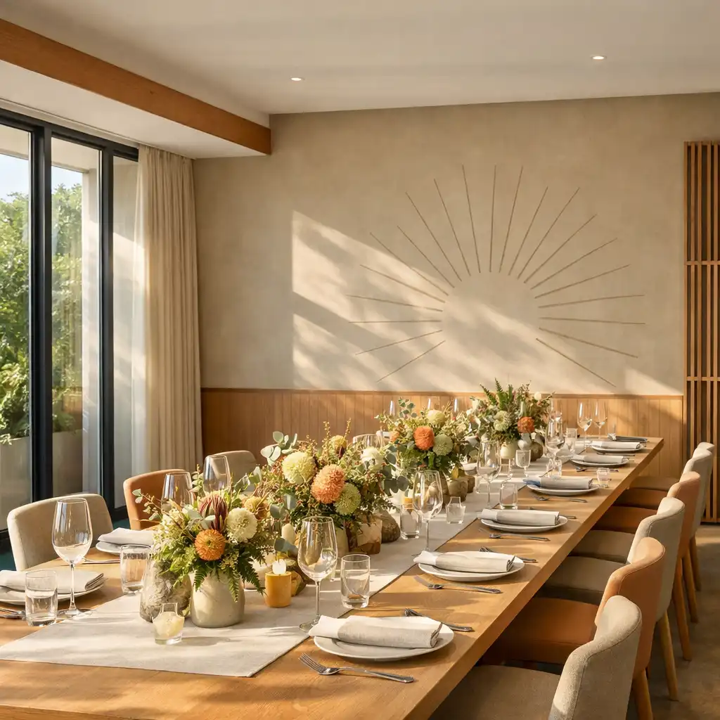Long communal table set in a bright, modern private dining room with sunlight streaming through large windows