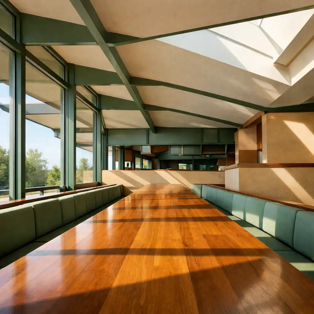 Sunlit modernist restaurant pavilion with large windows and long wooden table