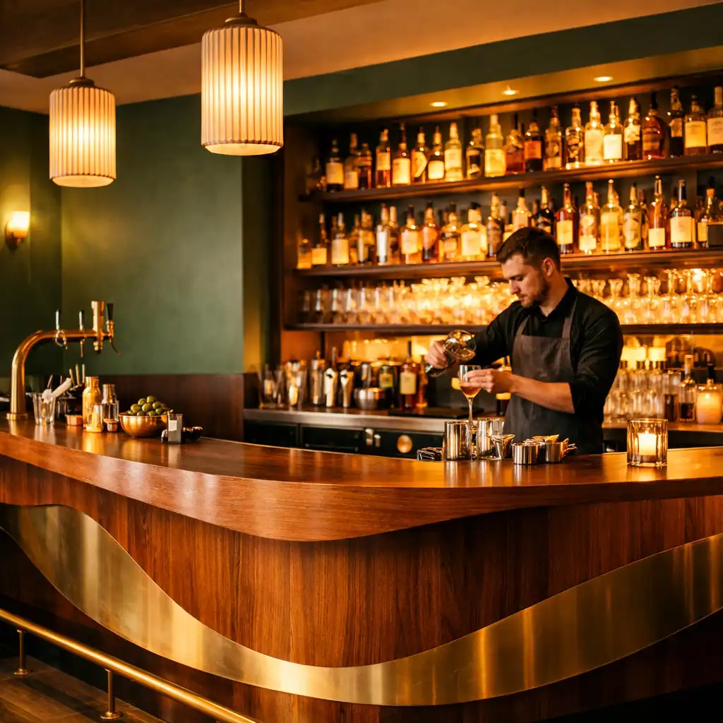 Sculptural bar with warm timber counter, brass details, and backlit shelves