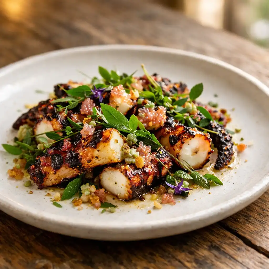 Beautifully plated small plate dish with grilled octopus and finger lime