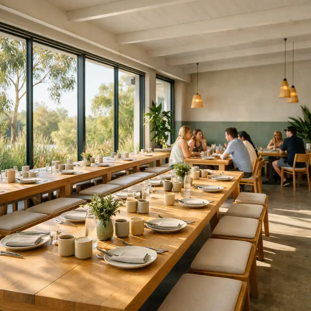 Sunlit dining room with long communal tables, native greenery, and floor-to-ceiling windows