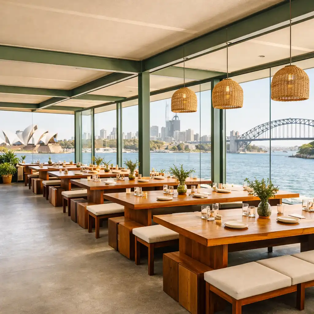 Sunlit modernist pavilion dining room with long communal tables and floor-to-ceiling glass walls