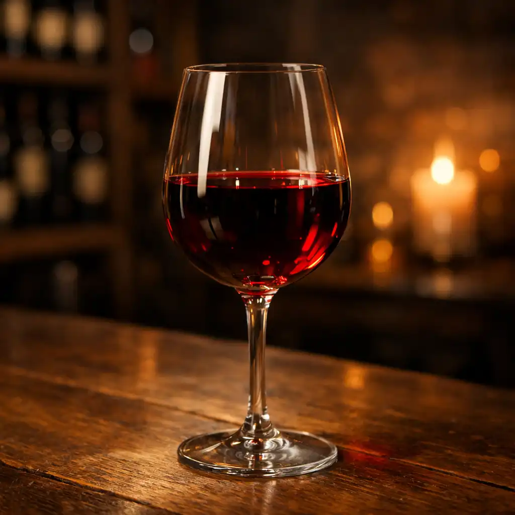Glass of red wine on a wooden table